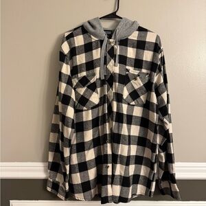 Women’s Black and White Plaid Hooded Button Up